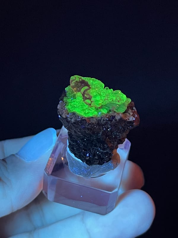 Hyalite Opal from Mexico: oblique view of green fluorescent rounded growths.