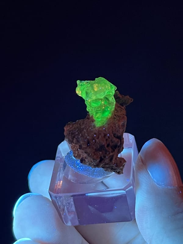 Hyalite Opal from Mexico: green fluorescent coating above dark porous matrix.