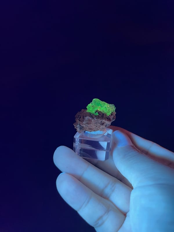 Hyalite Opal from Mexico: whole specimen under dark fluorescent lighting.