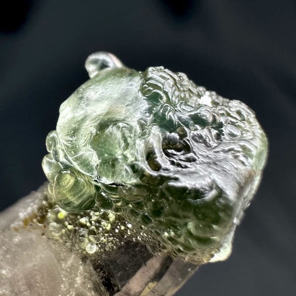 Smoky quartz prism capped with green hyalite opal from Namibia, view 3 of 6