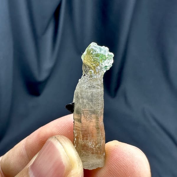 Smoky quartz prism capped with green hyalite opal from Namibia, view 4 of 6