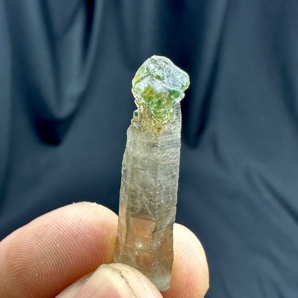Smoky quartz prism capped with green hyalite opal from Namibia, view 5 of 6