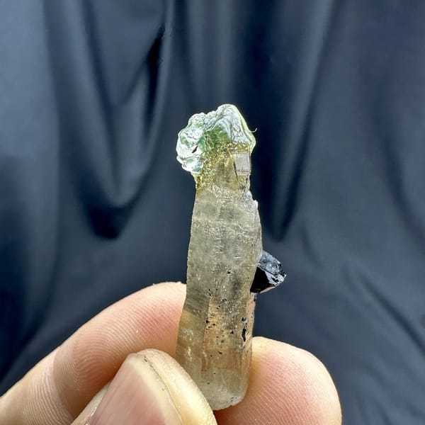 Smoky quartz prism capped with green hyalite opal from Namibia, view 6 of 6