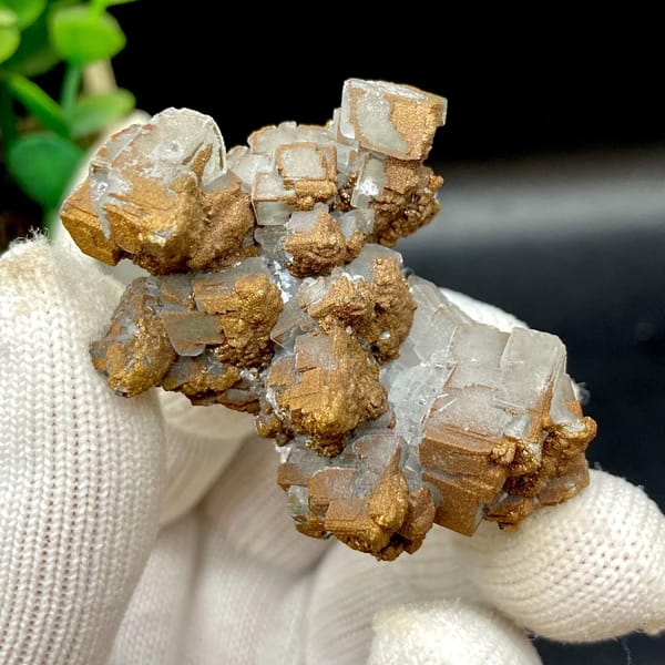 Iceland spar calcite rhombs half-coated in rusty iridescent pyrite from Hunan, China, view 6 of 9