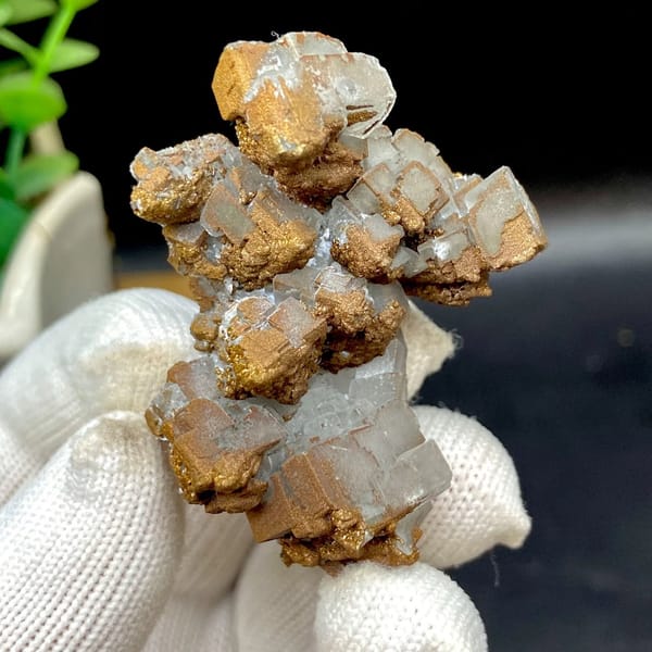 Iceland spar calcite rhombs half-coated in rusty iridescent pyrite from Hunan, China, view 7 of 9