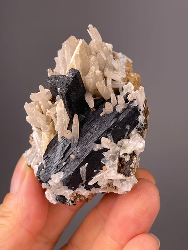 Ilvaite specimen from Inner Mongolia, China, characterized by black blades and white prisms