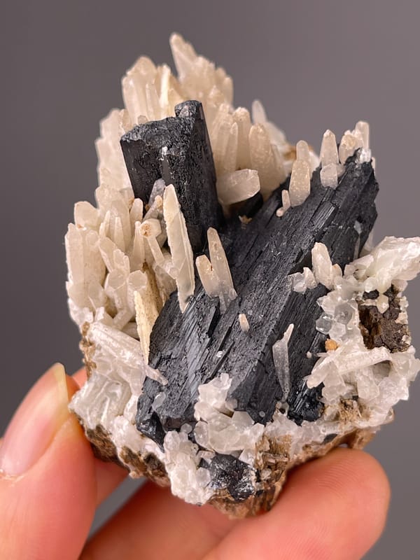 Ilvaite specimen from Inner Mongolia, China bearing black blades and white prisms
