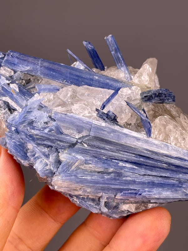 Kyanite specimen from Brazil displaying blue striated blades in quartz