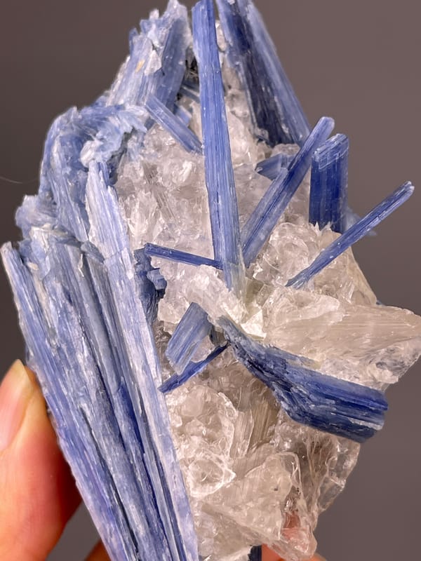Blue striated blades in quartz on natural kyanite specimen from Brazil