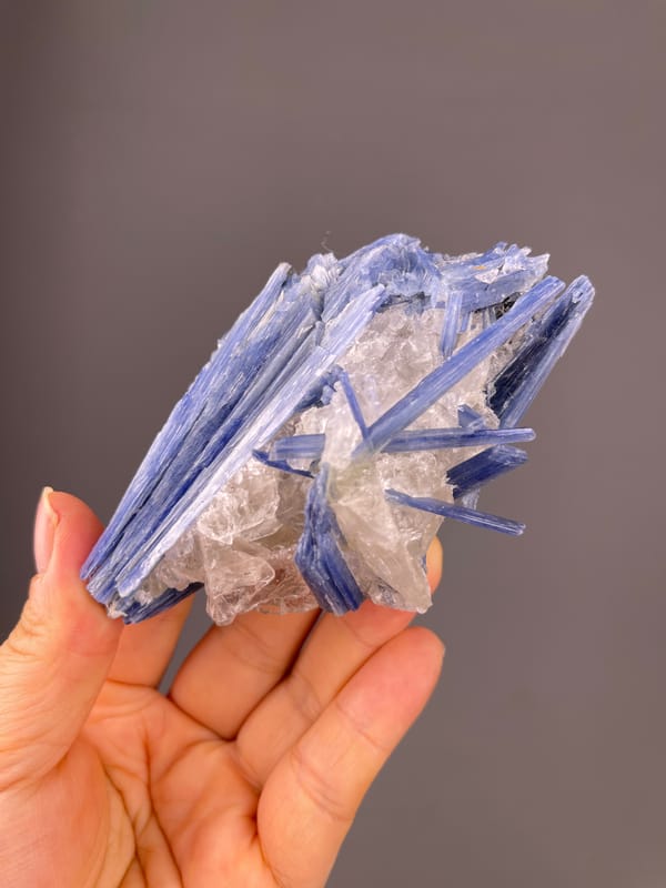 Kyanite specimen from Brazil, characterized by blue striated blades in quartz