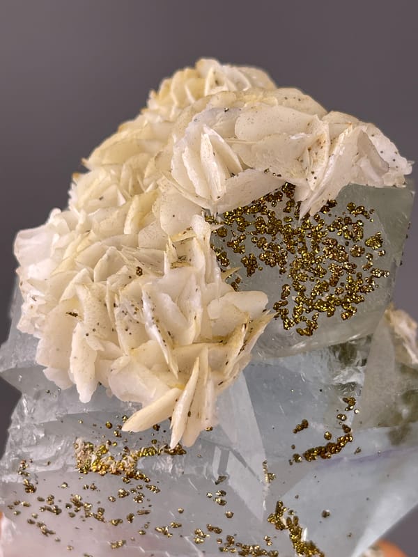 Light Blue Fluorite, Yaogangxian Mine, Hunan, China, characterized by pale blue cleavage faces with pyrite