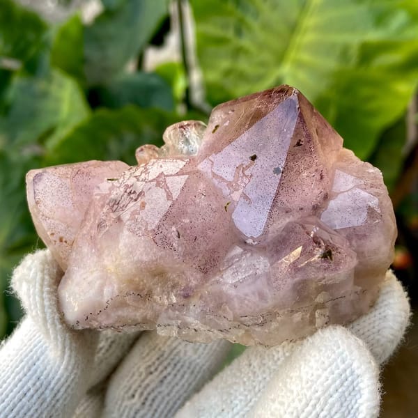 Lilac garden quartz crystal with epidote inclusions from Sichuan, China, view 2 of 9