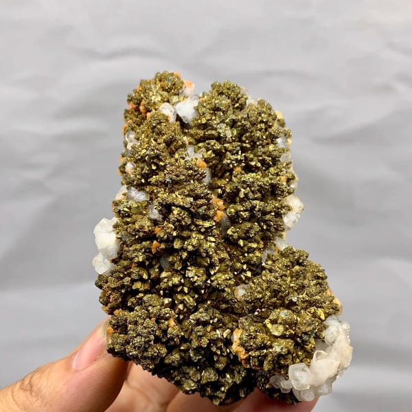 Golden-brown marcasite crust with white calcite and dolomite from Hubei, China
