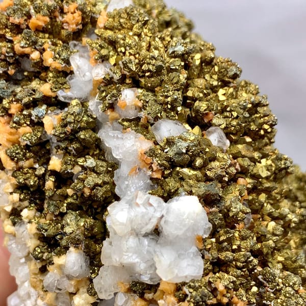 Golden-brown marcasite crust with white calcite and dolomite from Hubei, China, view 2 of 6