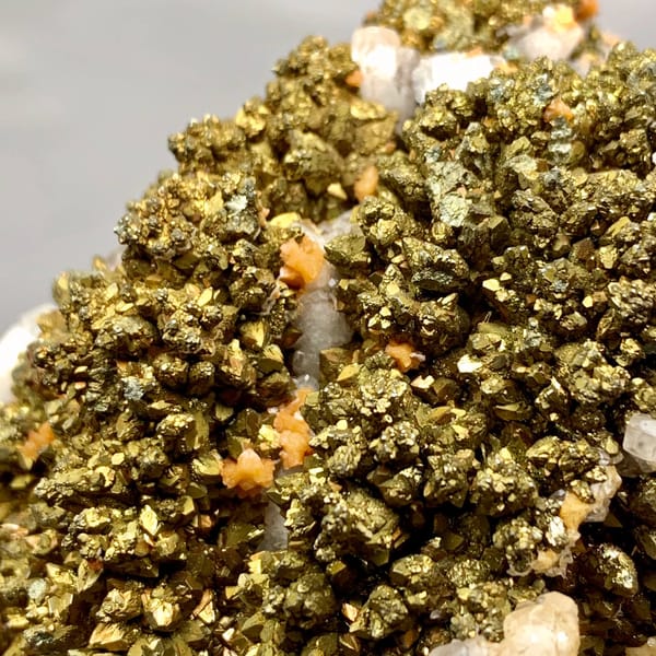 Golden-brown marcasite crust with white calcite and dolomite from Hubei, China, view 3 of 6