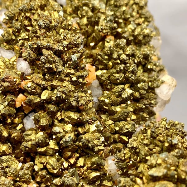 Golden-brown marcasite crust with white calcite and dolomite from Hubei, China, view 4 of 6