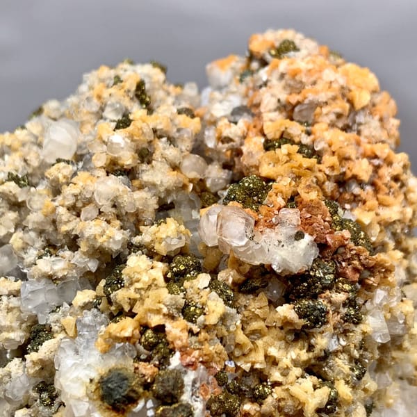 Golden-brown marcasite crust with white calcite and dolomite from Hubei, China, view 5 of 6