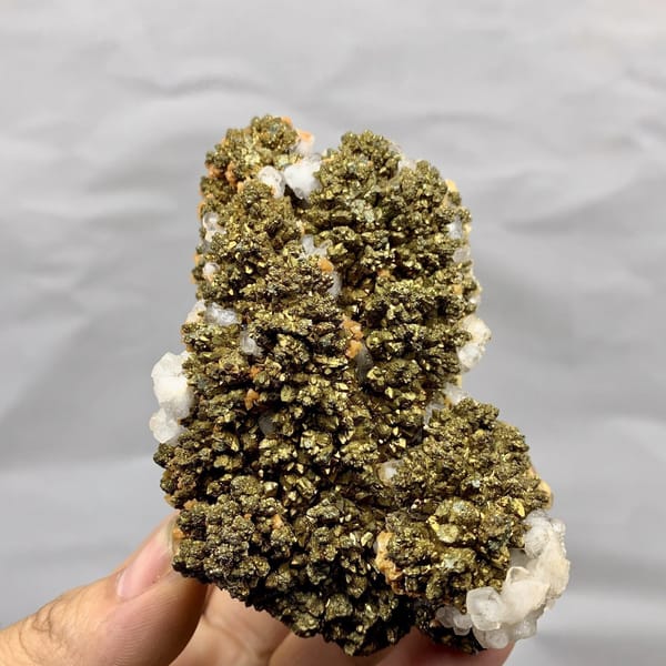 Golden-brown marcasite crust with white calcite and dolomite from Hubei, China, view 6 of 6