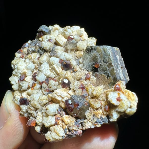 Dark red garnets and black mica on cream feldspar from Yunxiao, Fujian, China, view 2 of 6