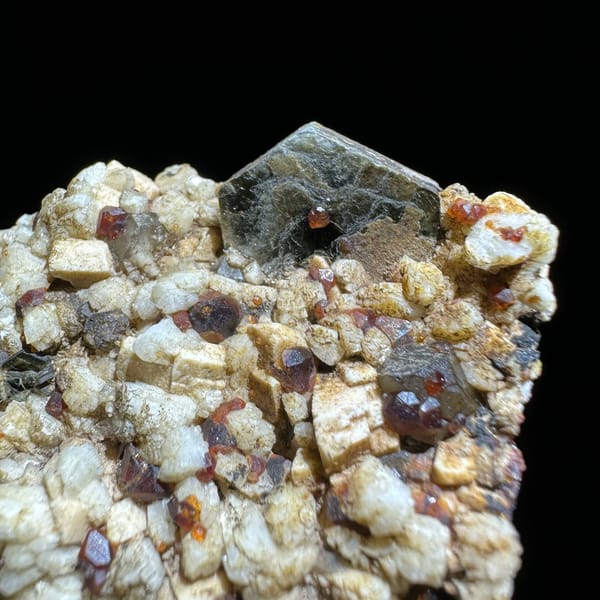 Dark red garnets and black mica on cream feldspar from Yunxiao, Fujian, China, view 4 of 6