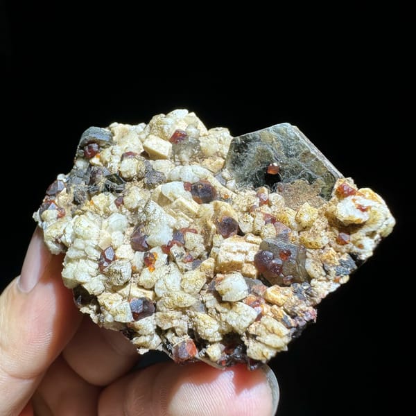 Dark red garnets and black mica on cream feldspar from Yunxiao, Fujian, China, view 5 of 6