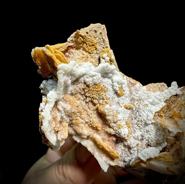 Tan baryte blades and white aragonite with mimetite from Morocco, view 3 of 6