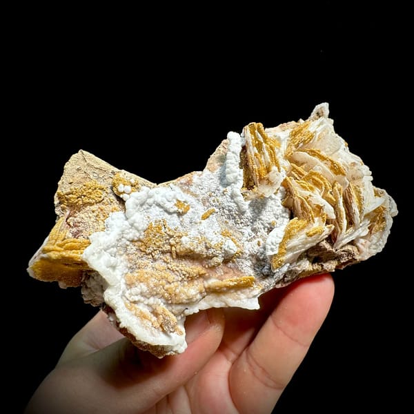 Tan baryte blades and white aragonite with mimetite from Morocco, view 4 of 6