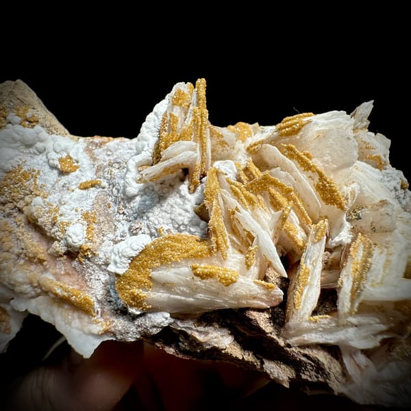 Tan baryte blades and white aragonite with mimetite from Morocco, view 5 of 6