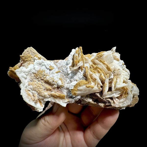 Tan baryte blades and white aragonite with mimetite from Morocco, view 6 of 6
