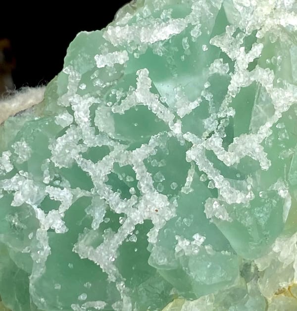 Mint-green sugar fluorite with white druse network from Fujian, China, view 2 of 9
