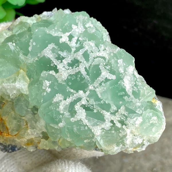 Mint-green sugar fluorite with white druse network from Fujian, China, view 4 of 9