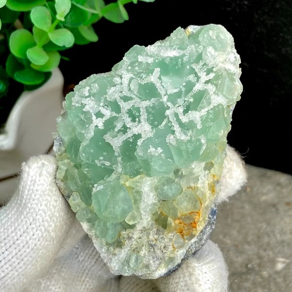 Mint-green sugar fluorite with white druse network from Fujian, China, view 6 of 9