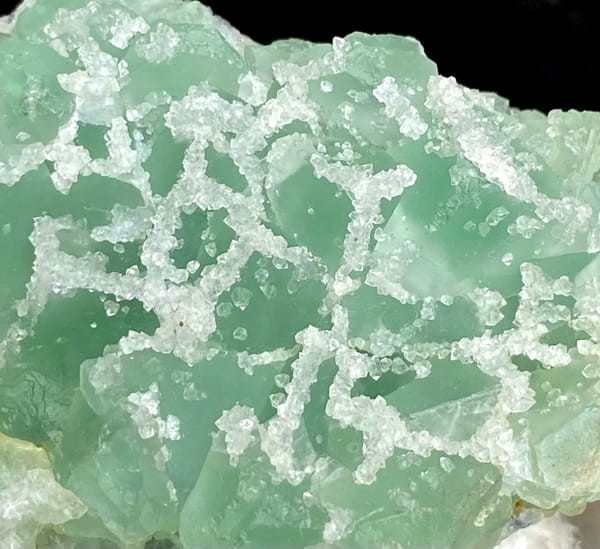 Mint-green sugar fluorite with white druse network from Fujian, China, view 9 of 9