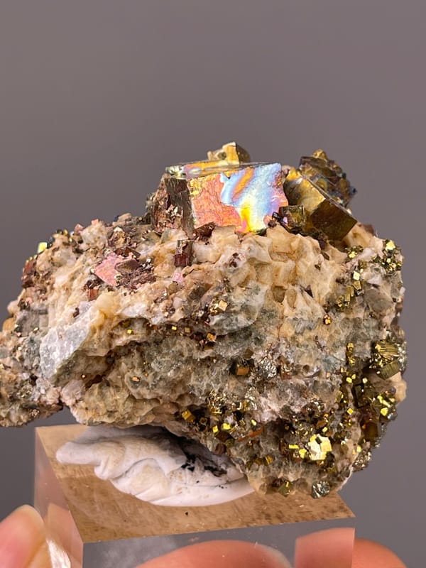 Mirror-luster Pyrite specimen from Shangbao Mine, Hunan, China displaying brassy mirror-luster metallic crystals