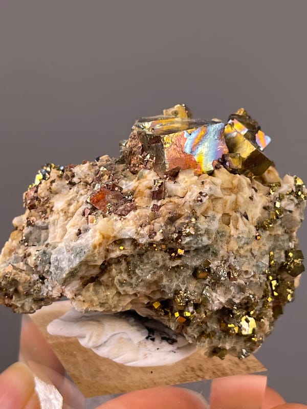 Brassy mirror-luster metallic crystals on natural mirror-luster pyrite specimen from Shangbao Mine, Hunan, China