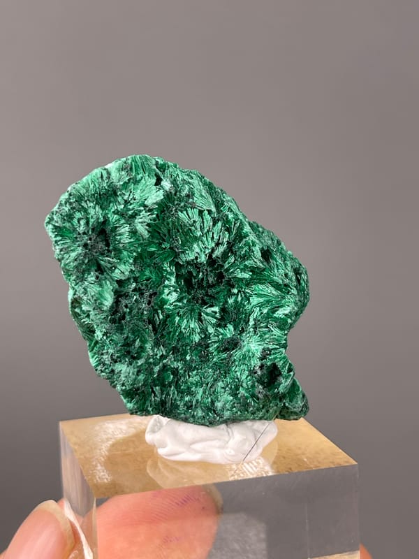 Green radiating needle sprays visible on needle-like radiating malachite specimen from Yangchun, Guangdong, China
