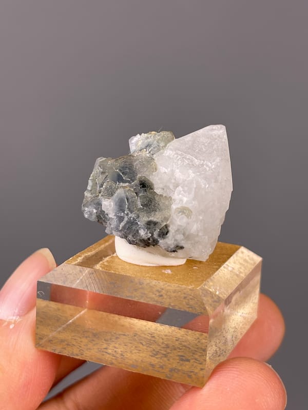 Blue Fluorite with Quartz specimen from Inner Mongolia, China showing octahedral crystals intergrown with clear quartz