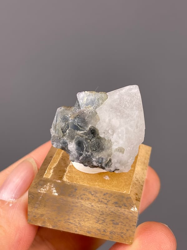 Blue Fluorite with Quartz specimen from Inner Mongolia, China presenting octahedral crystals intergrown with clear quartz