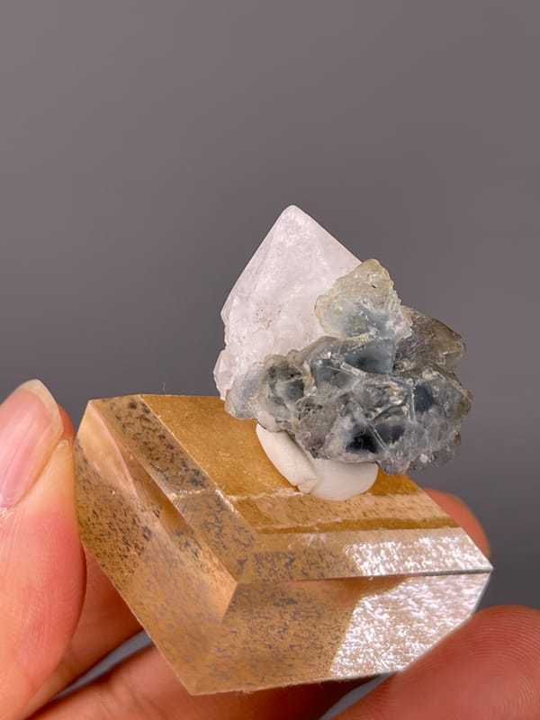 Blue Fluorite with Quartz specimen from Inner Mongolia, China displaying octahedral crystals intergrown with clear quartz