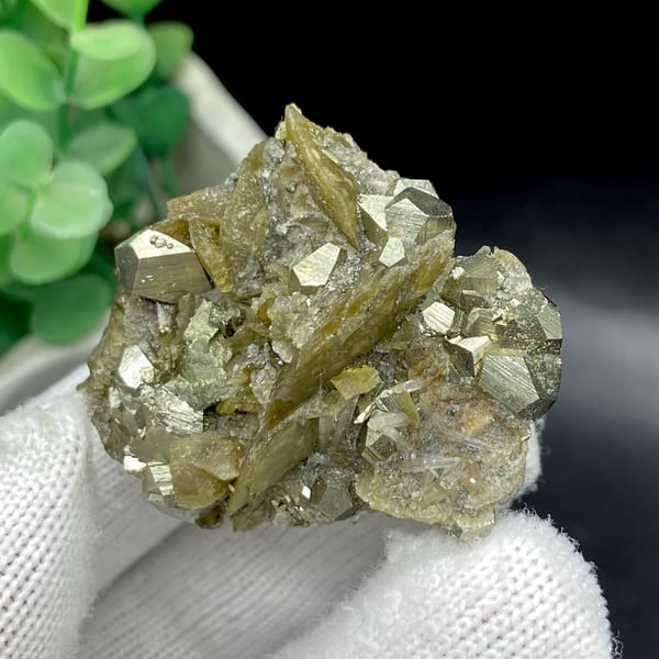 Olive siderite blades studded with pyrite dodecahedra from Guizhou, China, view 2 of 9