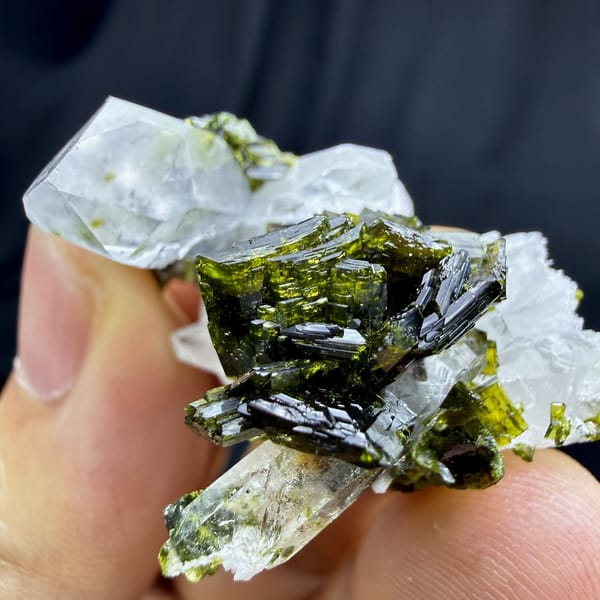Large olive-green epidote blades with clear quartz from Sichuan, China, view 2 of 6