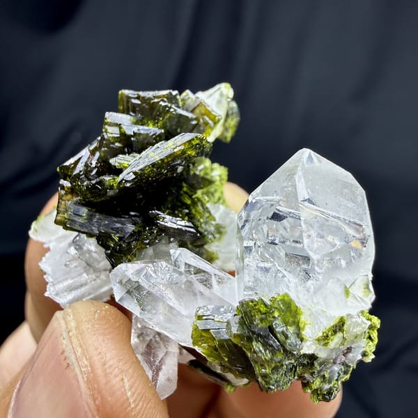 Large olive-green epidote blades with clear quartz from Sichuan, China, view 3 of 6