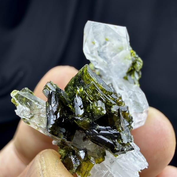 Large olive-green epidote blades with clear quartz from Sichuan, China, view 4 of 6