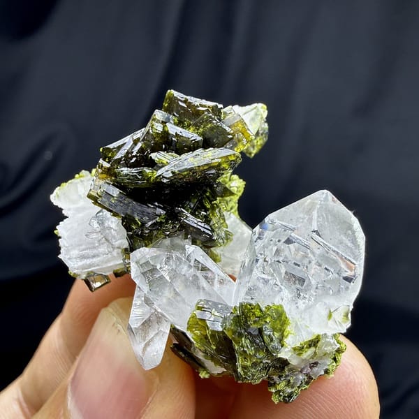 Large olive-green epidote blades with clear quartz from Sichuan, China, view 5 of 6