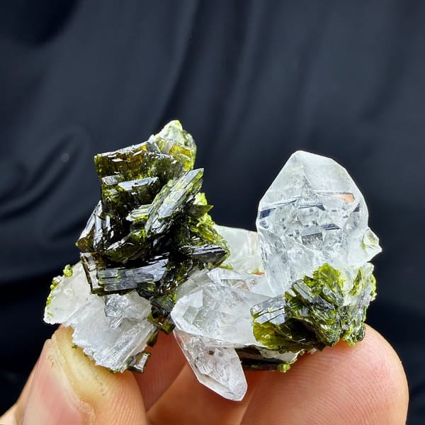 Large olive-green epidote blades with clear quartz from Sichuan, China, view 6 of 6