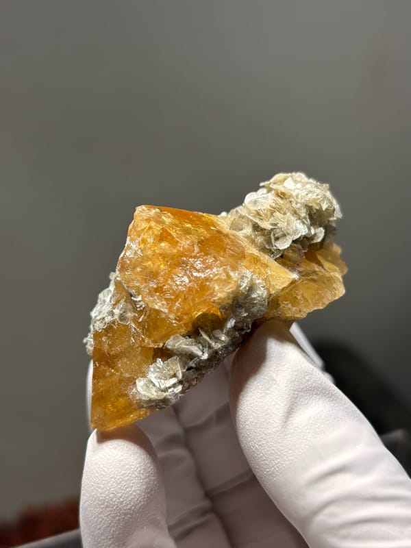Orange scheelite with golden mica rosette from Xuebaoding, Sichuan, China, close-up of the crystal faces