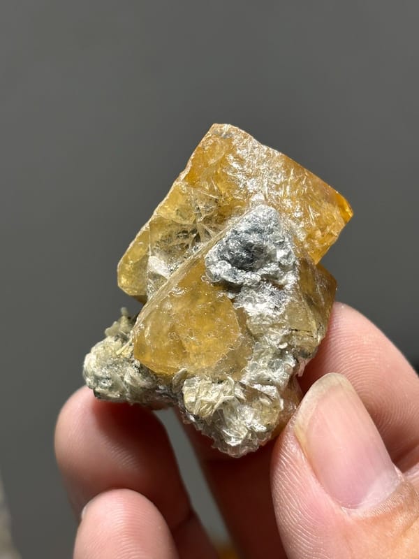 Orange scheelite crystals with white mica from Xuebaoding, Sichuan, China, view 5 of 7