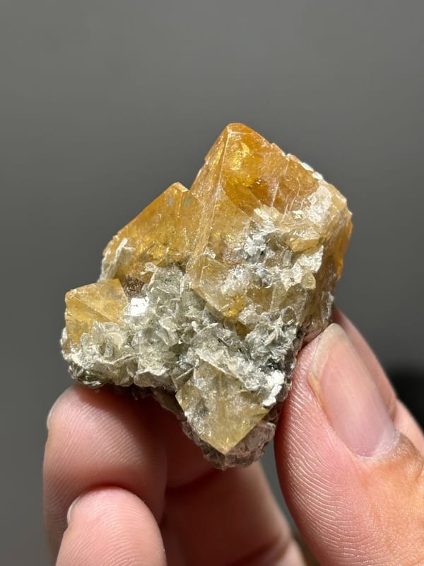 Orange scheelite crystals with white mica from Xuebaoding, Sichuan, China, view 7 of 7