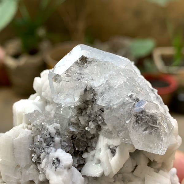 Pale aquamarine crystal on white feldspar with mica from Xuebaoding, Sichuan, China, close-up of the crystal faces