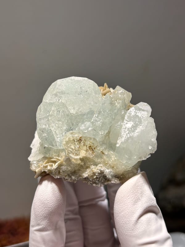 Pale aquamarine cluster on mica from Xuebaoding, Sichuan, China, held in gloved hand